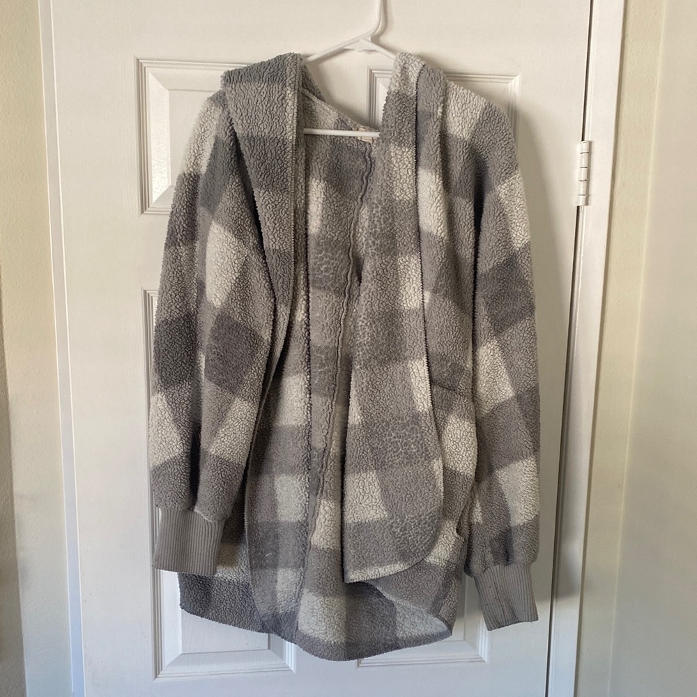 Cozy Gray and White Plaid Cardigan